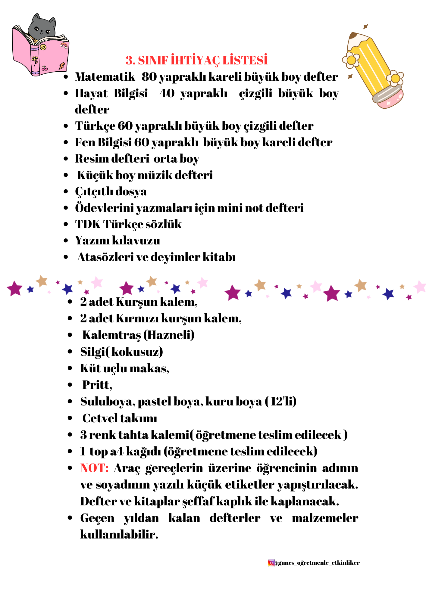 3.Sınıf İhtiyaç Listesi